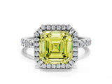 White gold Fancy Yellow Asscher Cut Halo Diamond Pave Band with Prong Setting