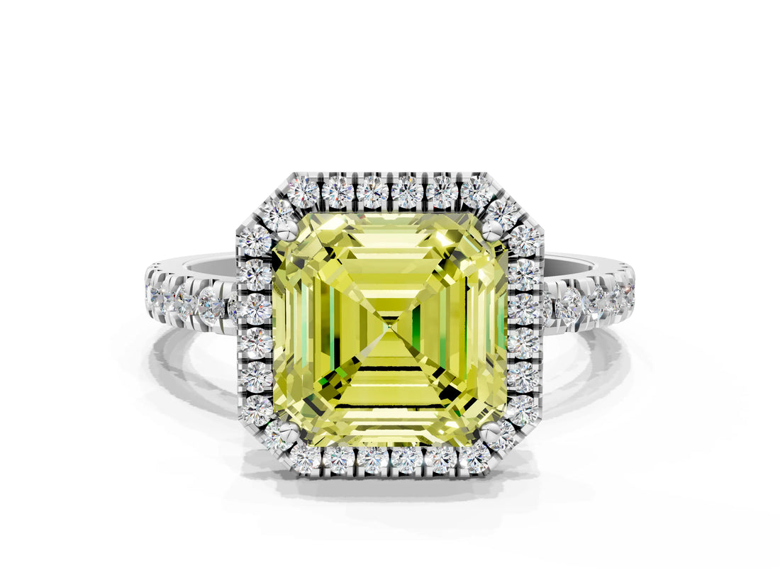 White gold Fancy Yellow Asscher Cut Halo Diamond Pave Band with Prong Setting