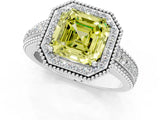 White gold Fancy Yellow Asscher Cut Halo Diamond Ring with Beaded Split Shank and Four-Prong Setting_1