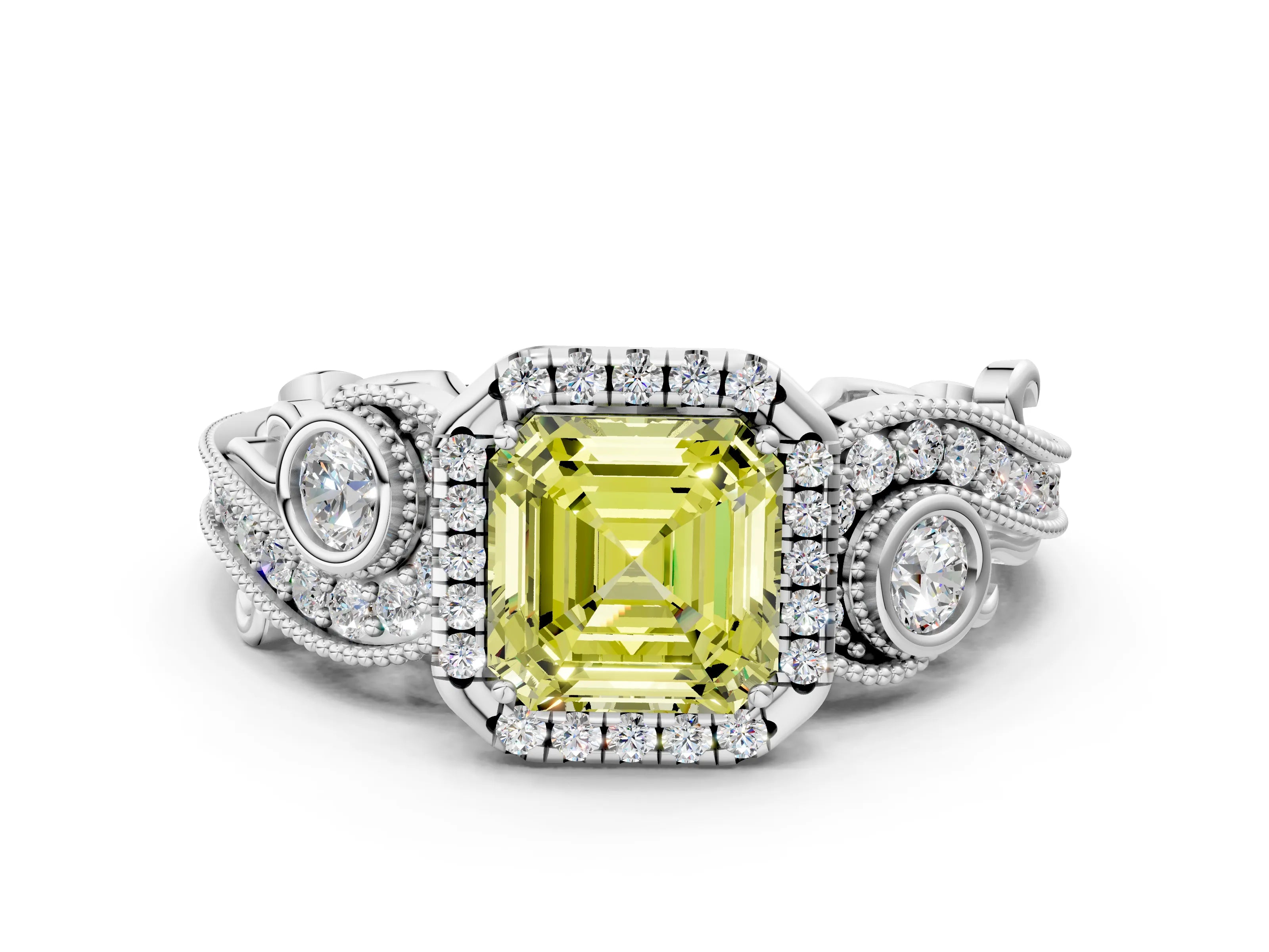White gold Fancy Yellow Asscher Cut Halo Diamond Ring with Milgrain and Bezel Accents on a Split Shank Band