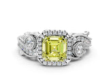 White gold Fancy Yellow Asscher Cut Halo Diamond Ring with Milgrain and Bezel Accents on a Split Shank Band_12