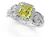 White gold Fancy Yellow Asscher Cut Halo Diamond Ring with Milgrain and Bezel Accents on a Split Shank Band_13