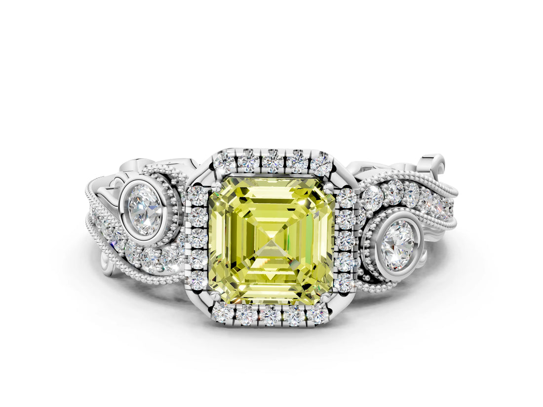White gold Fancy Yellow Asscher Cut Halo Diamond Ring with Milgrain and Bezel Accents on a Split Shank Band_13