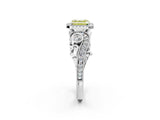 White gold Fancy Yellow Asscher Cut Halo Diamond Ring with Milgrain and Bezel Accents on a Split Shank Band_14