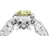 White gold Fancy Yellow Asscher Cut Halo Diamond Ring with Milgrain and Bezel Accents on a Split Shank Band_17