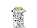 White gold Fancy Yellow Asscher Cut Halo Diamond Ring with Milgrain and Bezel Accents on a Split Shank Band_17