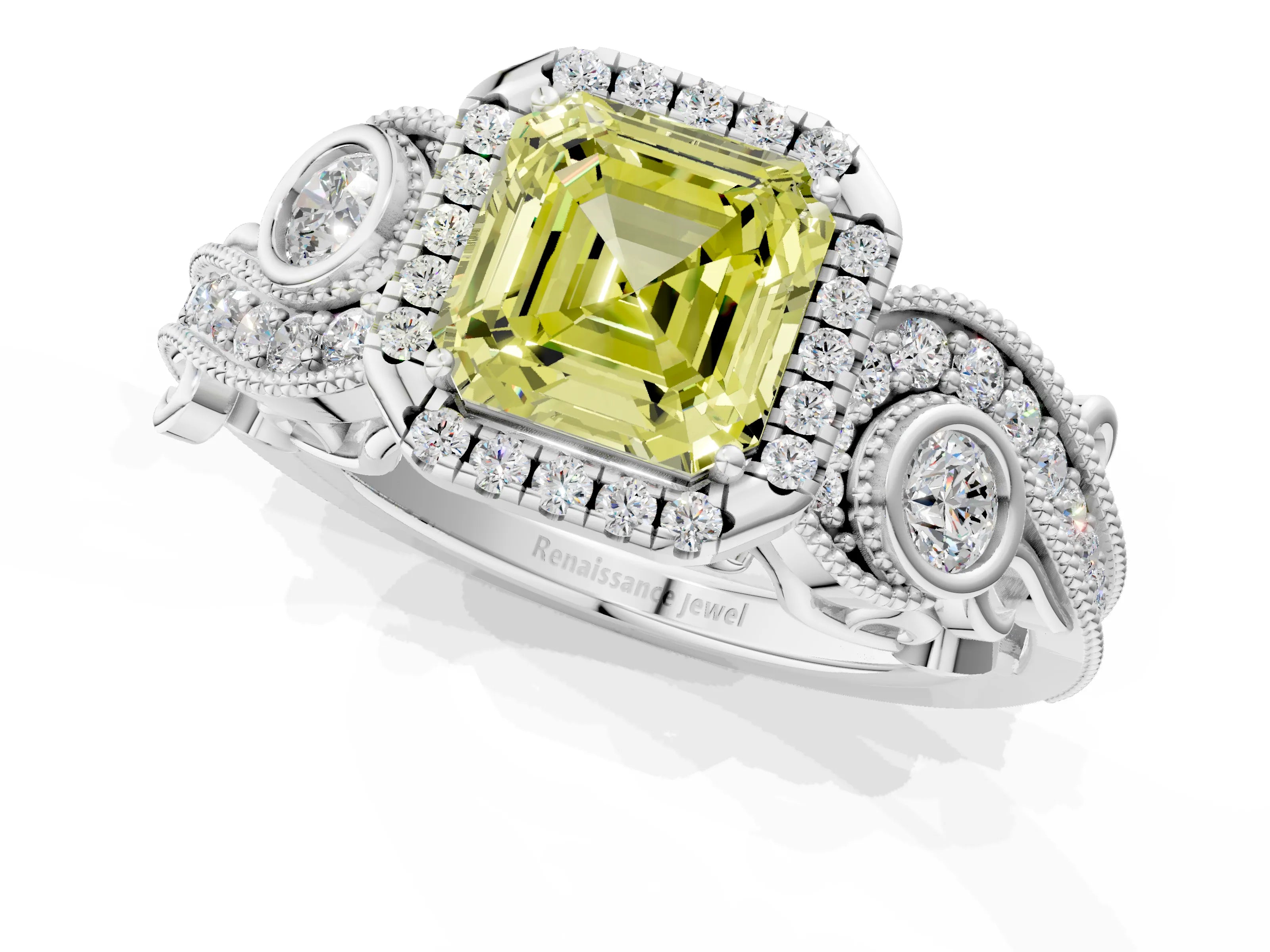 White gold Fancy Yellow Asscher Cut Halo Diamond Ring with Milgrain and Bezel Accents on a Split Shank Band_1
