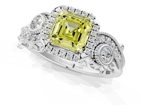 White gold Fancy Yellow Asscher Cut Halo Diamond Ring with Milgrain and Bezel Accents on a Split Shank Band_1