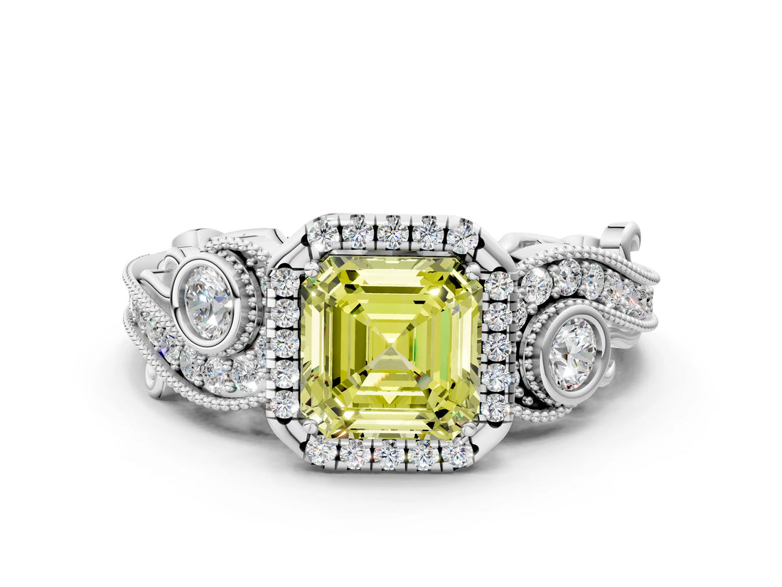 White gold Fancy Yellow Asscher Cut Halo Diamond Ring with Milgrain and Bezel Accents on a Split Shank Band_24