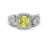 White gold Fancy Yellow Asscher Cut Halo Diamond Ring with Milgrain and Bezel Accents on a Split Shank Band_24
