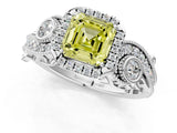 White gold Fancy Yellow Asscher Cut Halo Diamond Ring with Milgrain and Bezel Accents on a Split Shank Band_25