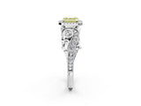 White gold Fancy Yellow Asscher Cut Halo Diamond Ring with Milgrain and Bezel Accents on a Split Shank Band_26