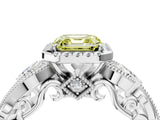 White gold Fancy Yellow Asscher Cut Halo Diamond Ring with Milgrain and Bezel Accents on a Split Shank Band_28