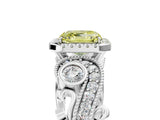 White gold Fancy Yellow Asscher Cut Halo Diamond Ring with Milgrain and Bezel Accents on a Split Shank Band_29