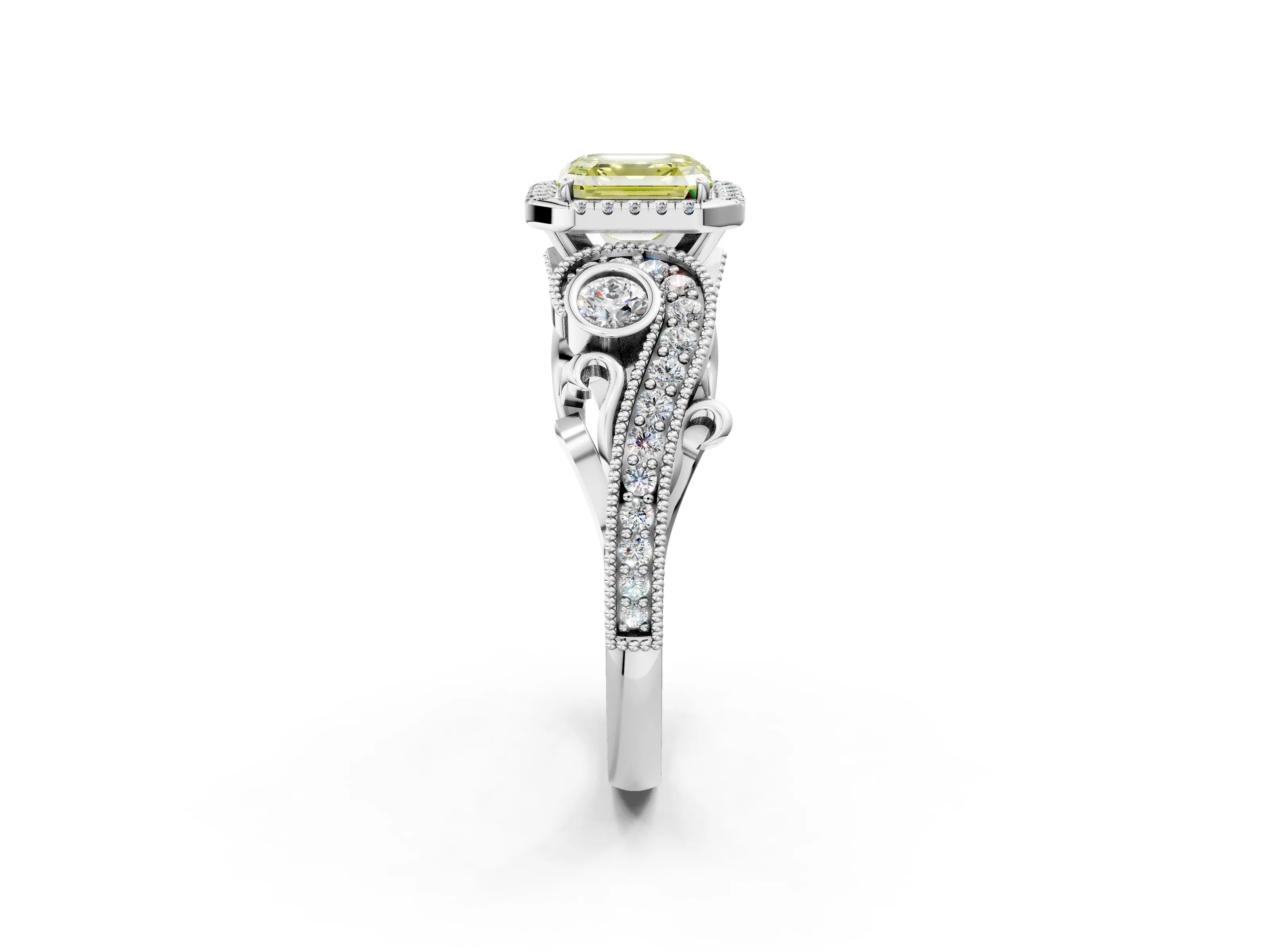 White gold Fancy Yellow Asscher Cut Halo Diamond Ring with Milgrain and Bezel Accents on a Split Shank Band_2