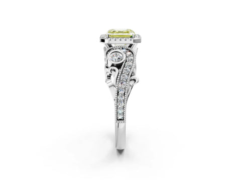 White gold Fancy Yellow Asscher Cut Halo Diamond Ring with Milgrain and Bezel Accents on a Split Shank Band_2