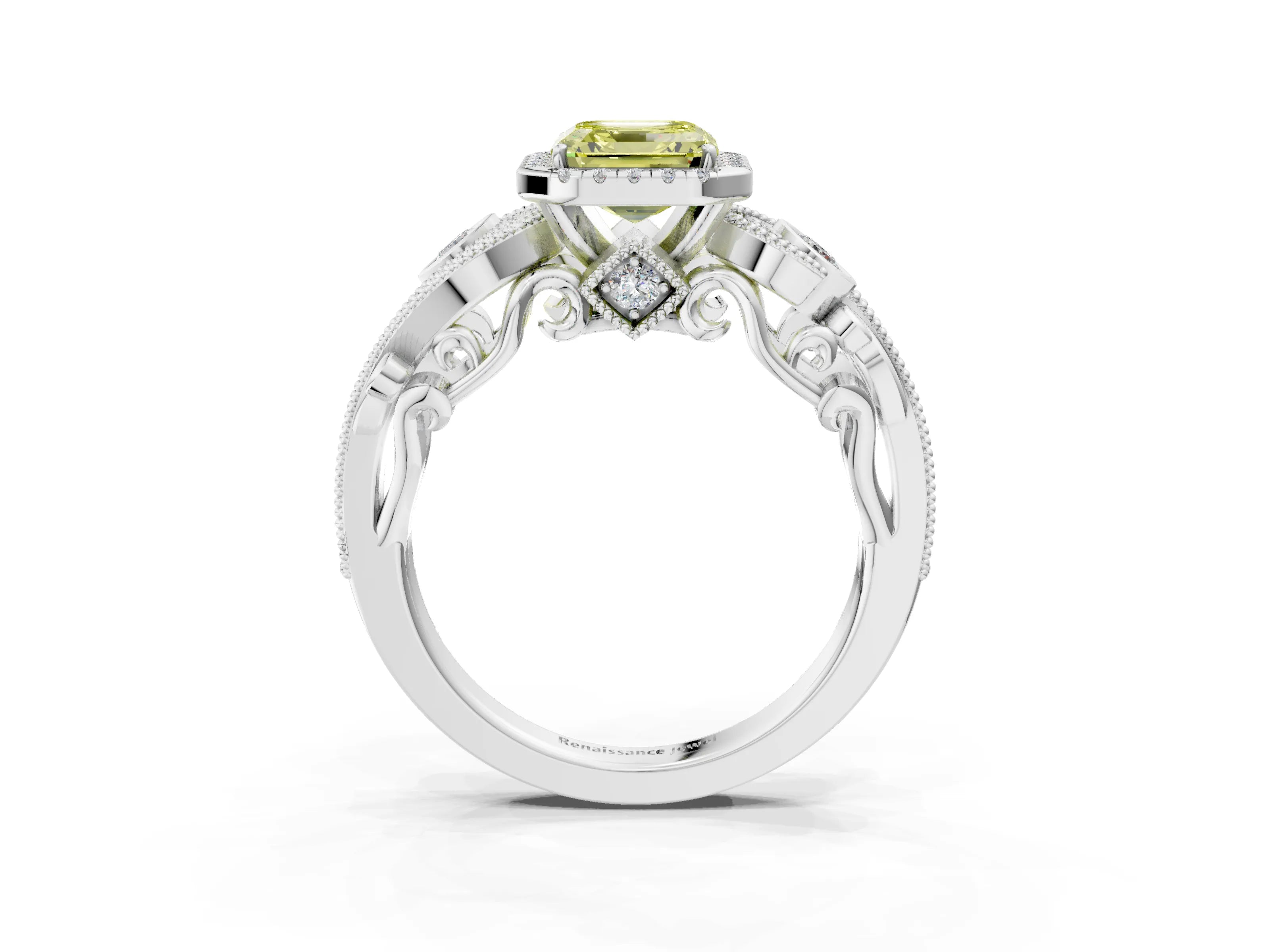 White gold Fancy Yellow Asscher Cut Halo Diamond Ring with Milgrain and Bezel Accents on a Split Shank Band_3