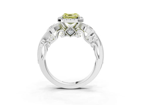 White gold Fancy Yellow Asscher Cut Halo Diamond Ring with Milgrain and Bezel Accents on a Split Shank Band_3