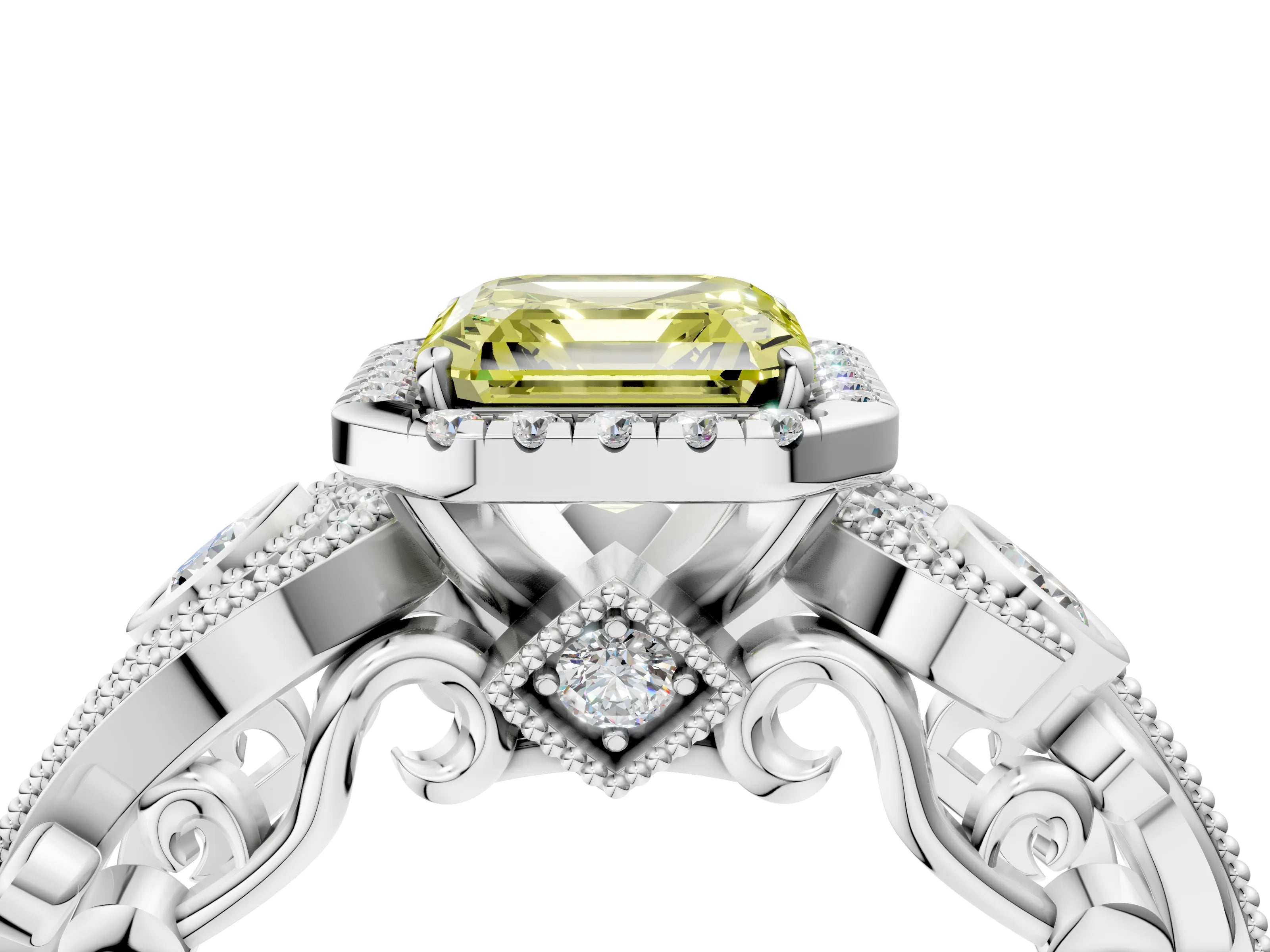 White gold Fancy Yellow Asscher Cut Halo Diamond Ring with Milgrain and Bezel Accents on a Split Shank Band_4
