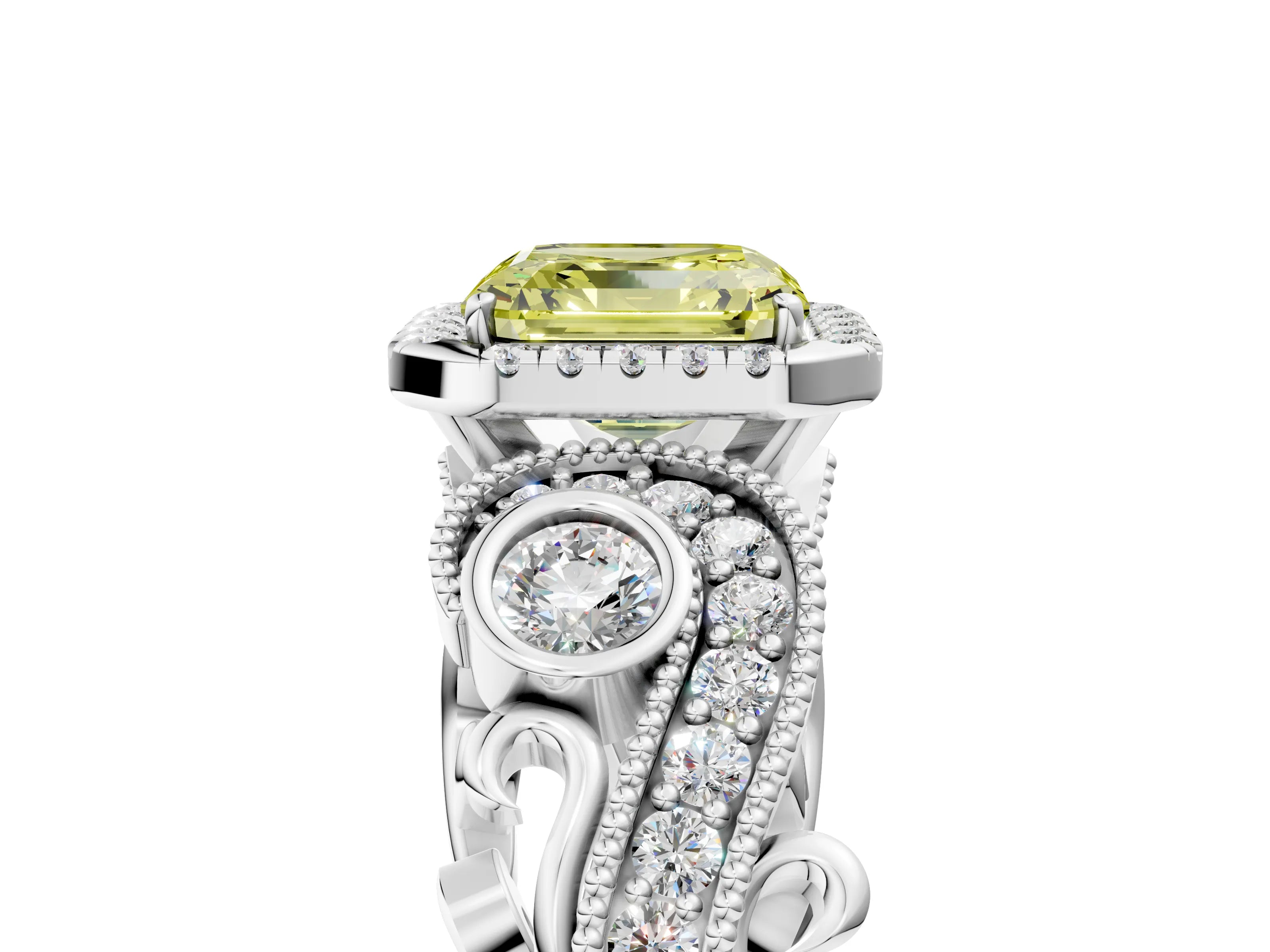 White gold Fancy Yellow Asscher Cut Halo Diamond Ring with Milgrain and Bezel Accents on a Split Shank Band_5