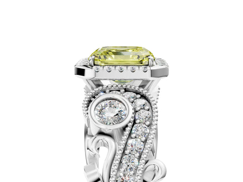 White gold Fancy Yellow Asscher Cut Halo Diamond Ring with Milgrain and Bezel Accents on a Split Shank Band_5