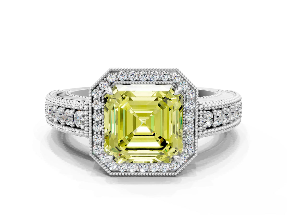 White gold Fancy Yellow Asscher  Cut Halo Diamond Ring with Pavé Band and Four-Prong Setting_29