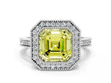 White gold Fancy Yellow Asscher  Cut Halo Diamond Ring with Pavé Band and Milgrain Prong Setting_49