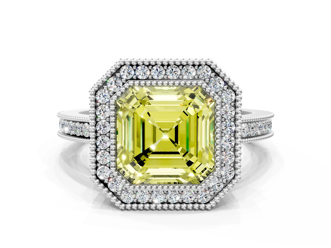 White gold Fancy Yellow Asscher  Cut Halo Diamond Ring with Pavé Band and Milgrain Prong Setting_49