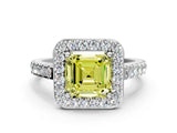 White gold Fancy Yellow Asscher Cut Halo Diamond Ring with Pavé Band and Three-Prong Setting