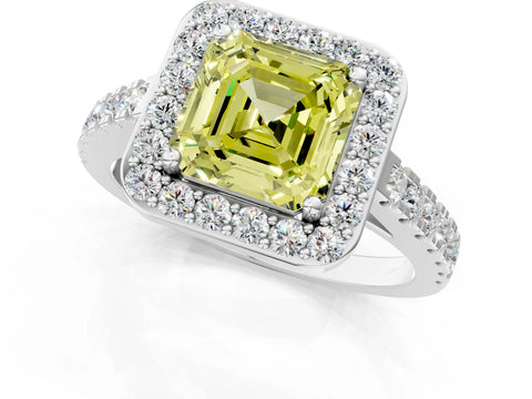 White gold Fancy Yellow Asscher Cut Halo Diamond Ring with Pavé Band and Three-Prong Setting_1