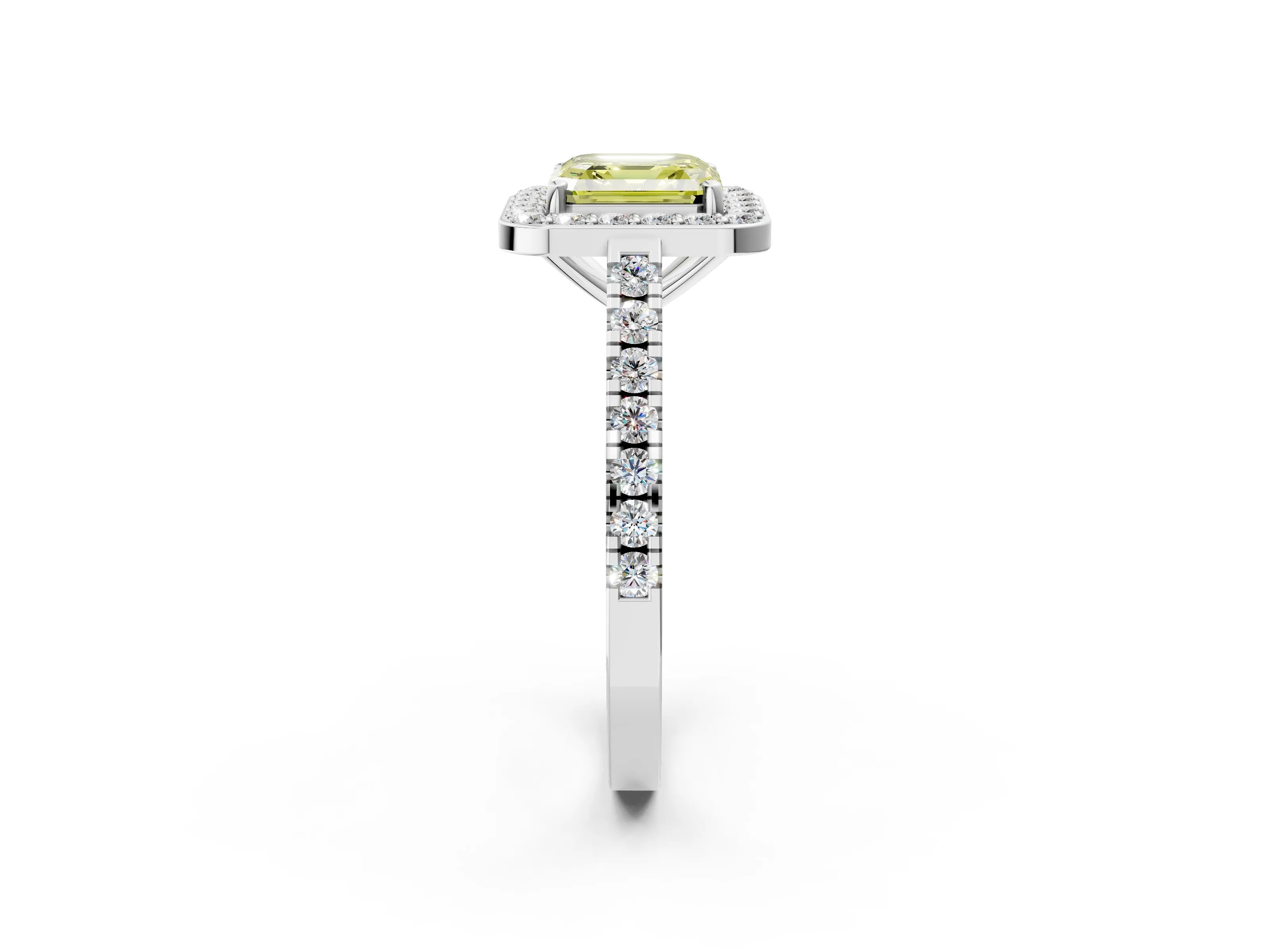 White gold Fancy Yellow Asscher Cut Halo Diamond Ring with Pavé Band and Three-Prong Setting_2