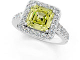 White gold Fancy Yellow Asscher Cut Halo Diamond Ring with Pavé Band and Three-Prong Setting_25