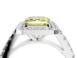 White gold Fancy Yellow Asscher Cut Halo Diamond Ring with Pavé Band and Three-Prong Setting_28