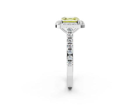 White gold Fancy Yellow Asscher Cut Halo Diamond Ring with Pavé Band and Three-Prong Setting_2