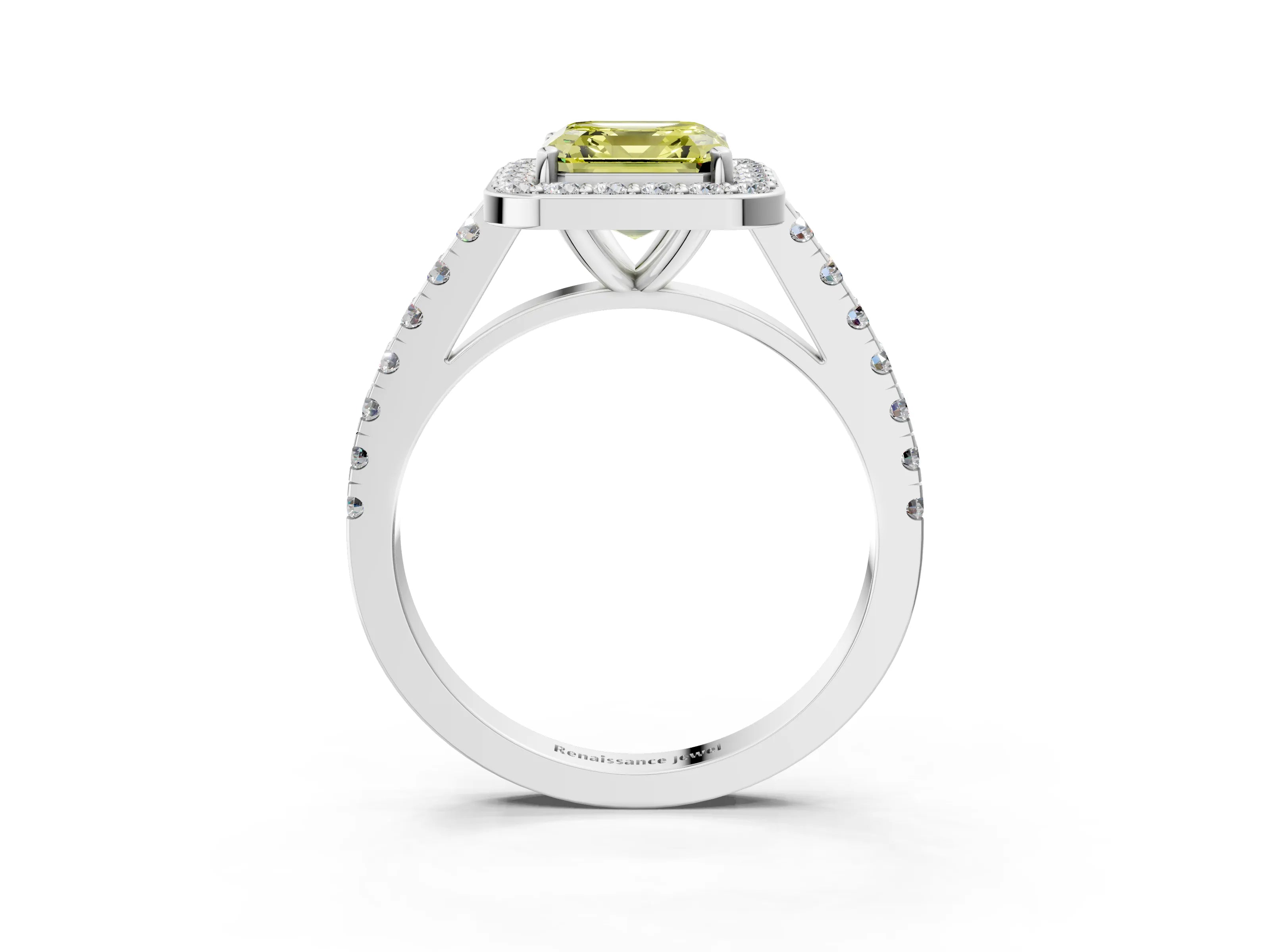 White gold Fancy Yellow Asscher Cut Halo Diamond Ring with Pavé Band and Three-Prong Setting_3