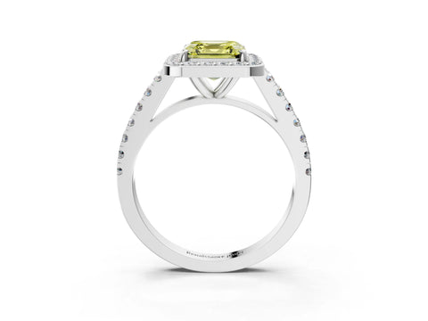 White gold Fancy Yellow Asscher Cut Halo Diamond Ring with Pavé Band and Three-Prong Setting_3