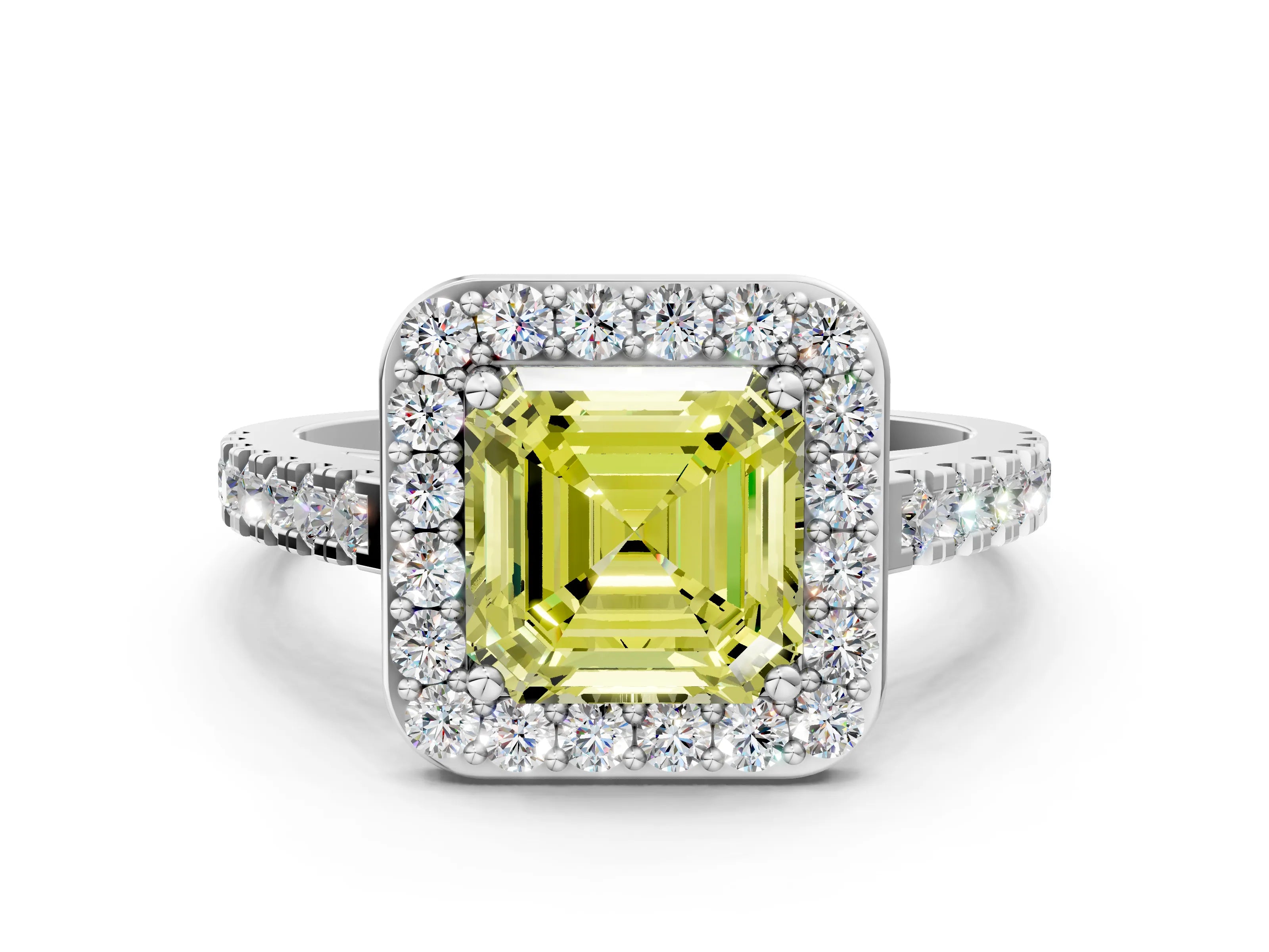 White gold Fancy Yellow Asscher Cut Halo Diamond Ring with Pavé Band and Three-Prong Setting