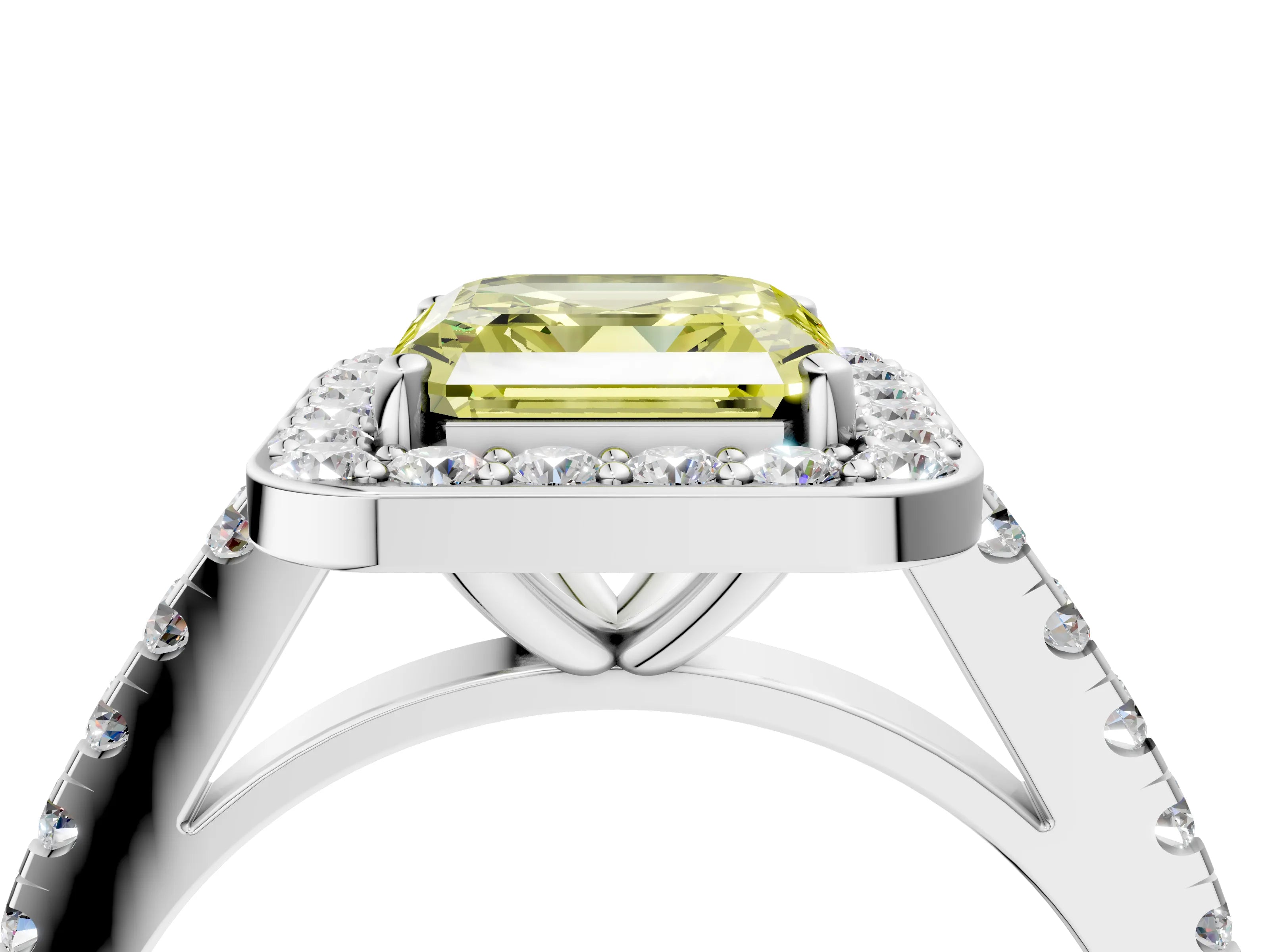 White gold Fancy Yellow Asscher Cut Halo Diamond Ring with Pavé Band and Three-Prong Setting_4