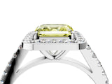 White gold Fancy Yellow Asscher Cut Halo Diamond Ring with Pavé Band and Three-Prong Setting_4