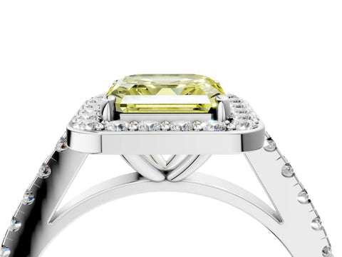 White gold Fancy Yellow Asscher Cut Halo Diamond Ring with Pavé Band and Three-Prong Setting_4