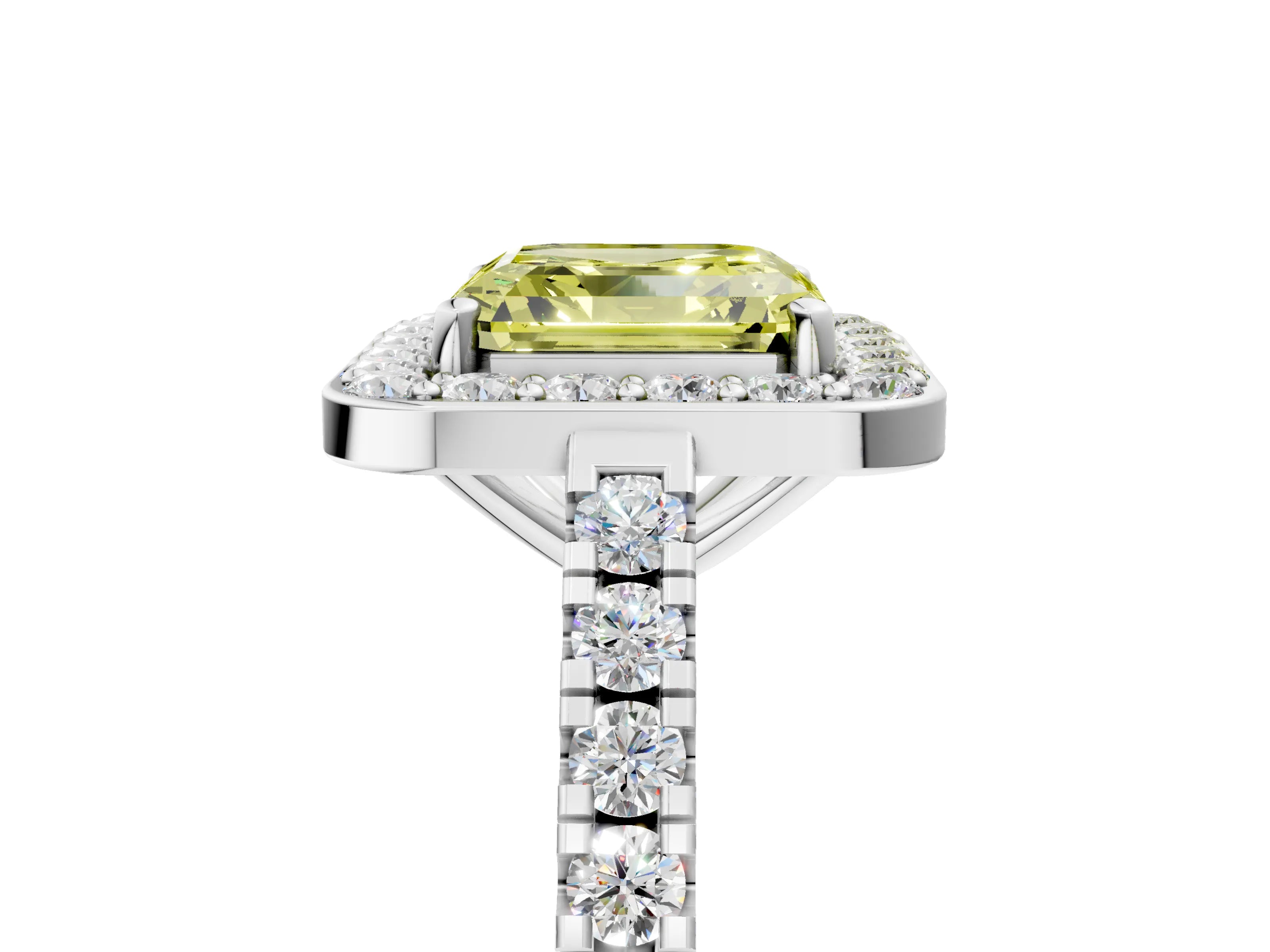 White gold Fancy Yellow Asscher Cut Halo Diamond Ring with Pavé Band and Three-Prong Setting_5