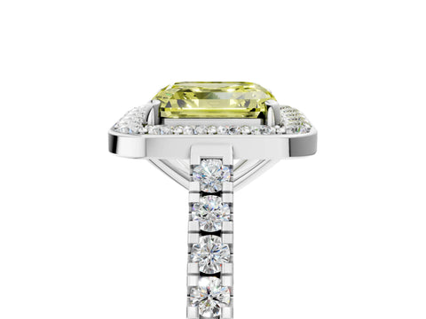 White gold Fancy Yellow Asscher Cut Halo Diamond Ring with Pavé Band and Three-Prong Setting_5