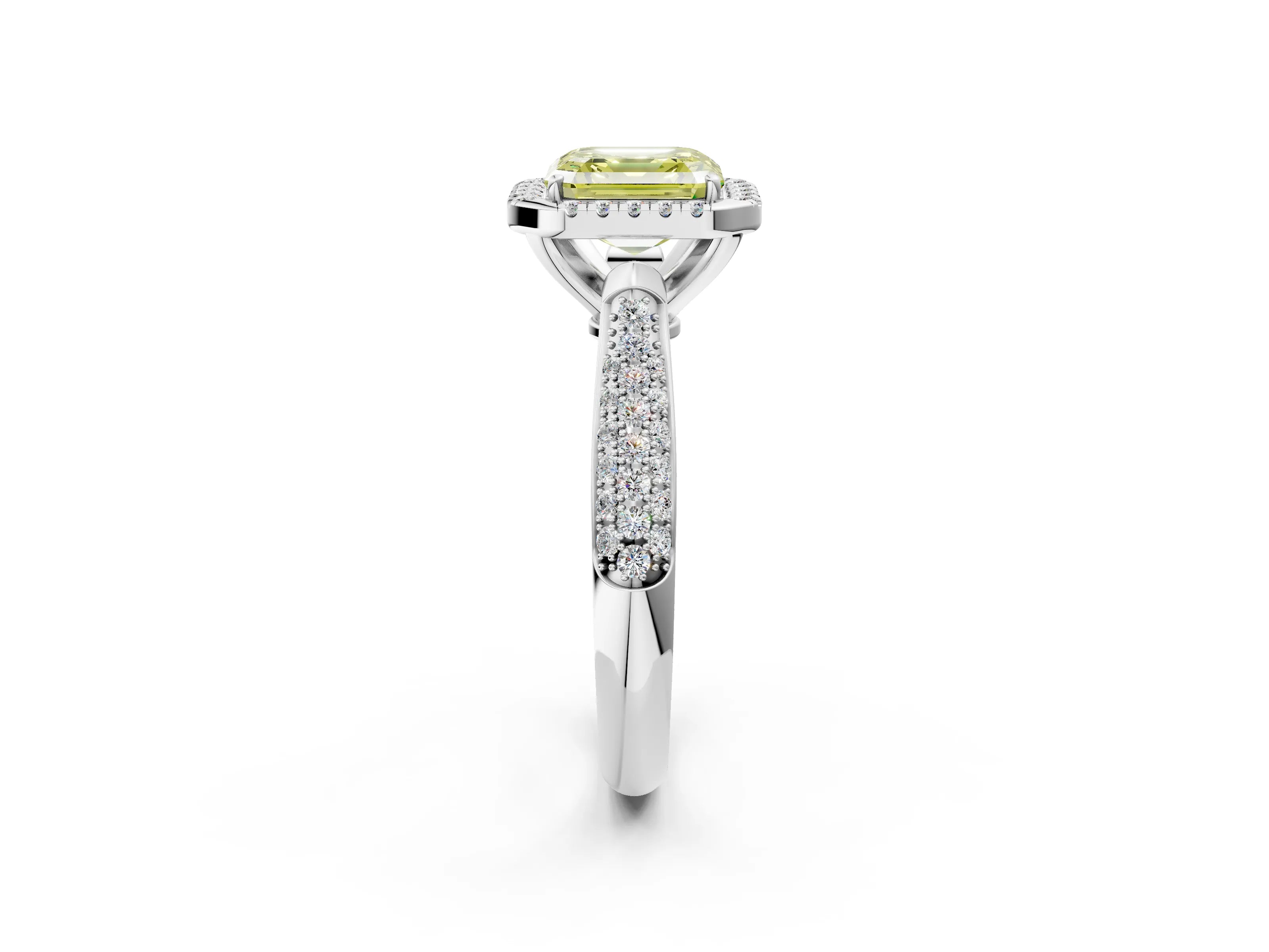 White gold Fancy Yellow Asscher Cut Halo Diamond Ring with Pavé Band_2