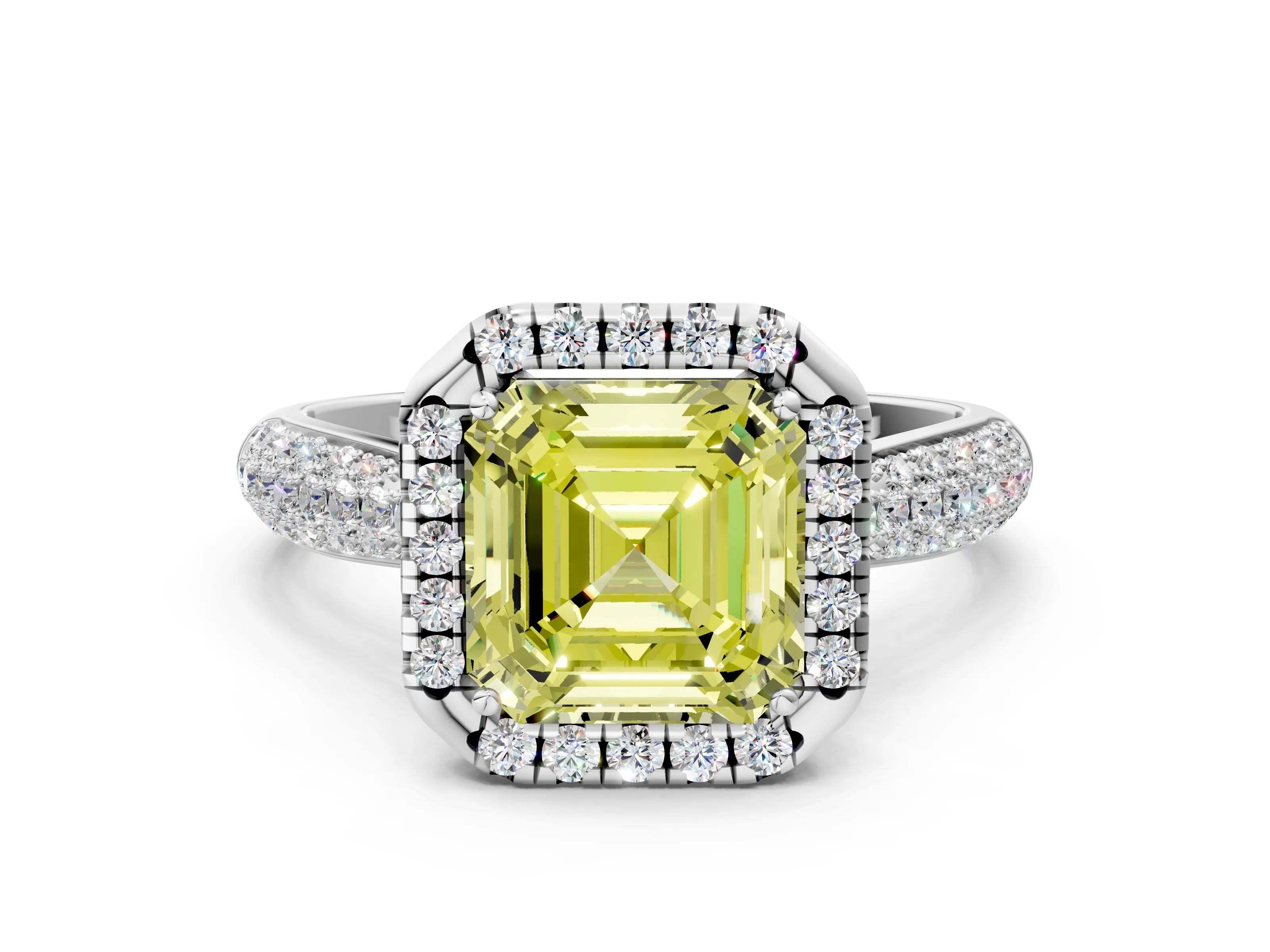 White gold Fancy Yellow Asscher Cut Halo Diamond Ring with Pavé Band_36