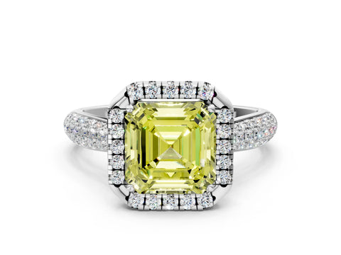White gold Fancy Yellow Asscher Cut Halo Diamond Ring with Pavé Band_36
