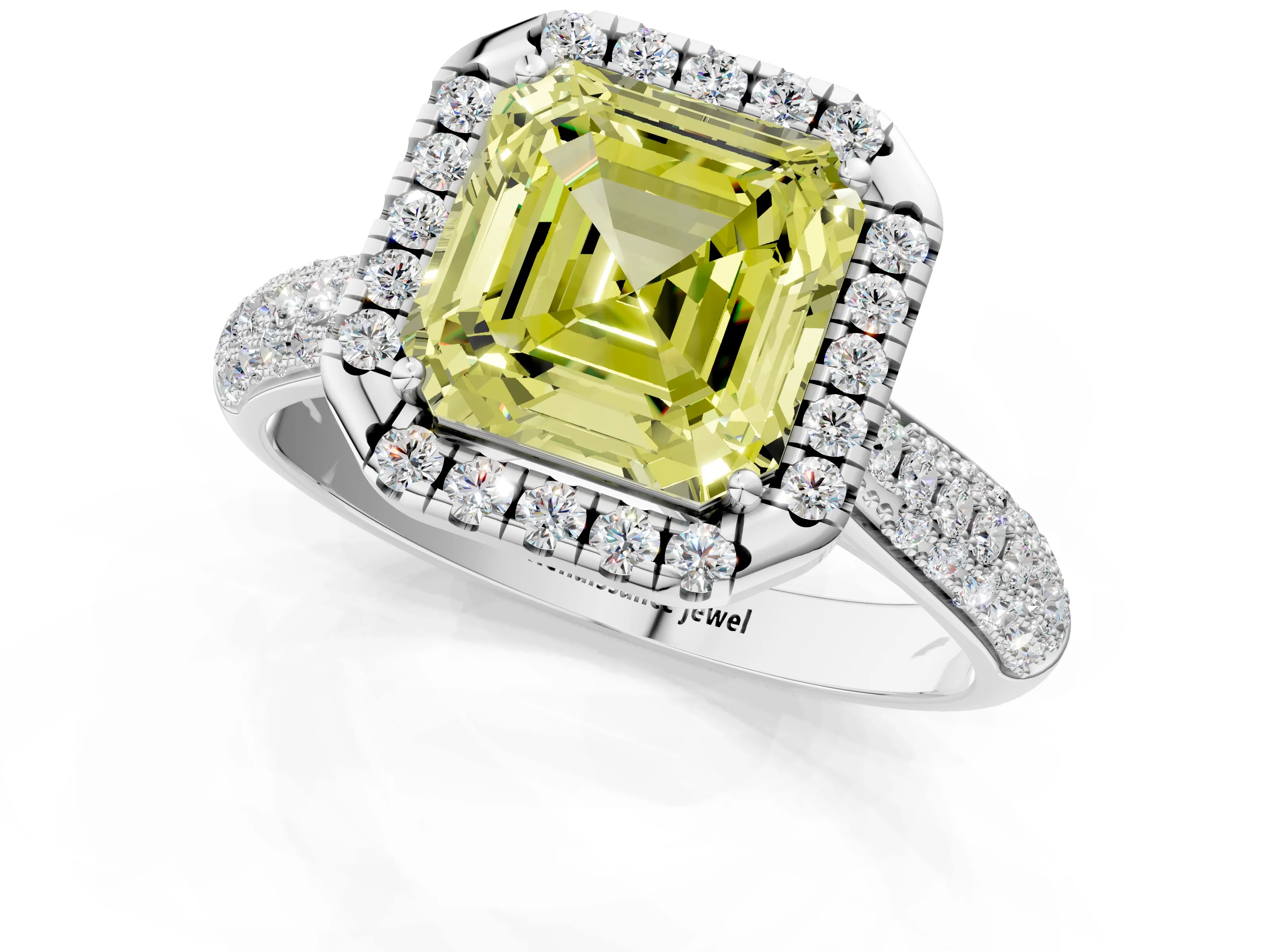 White gold Fancy Yellow Asscher Cut Halo Diamond Ring with Pavé Band_37
