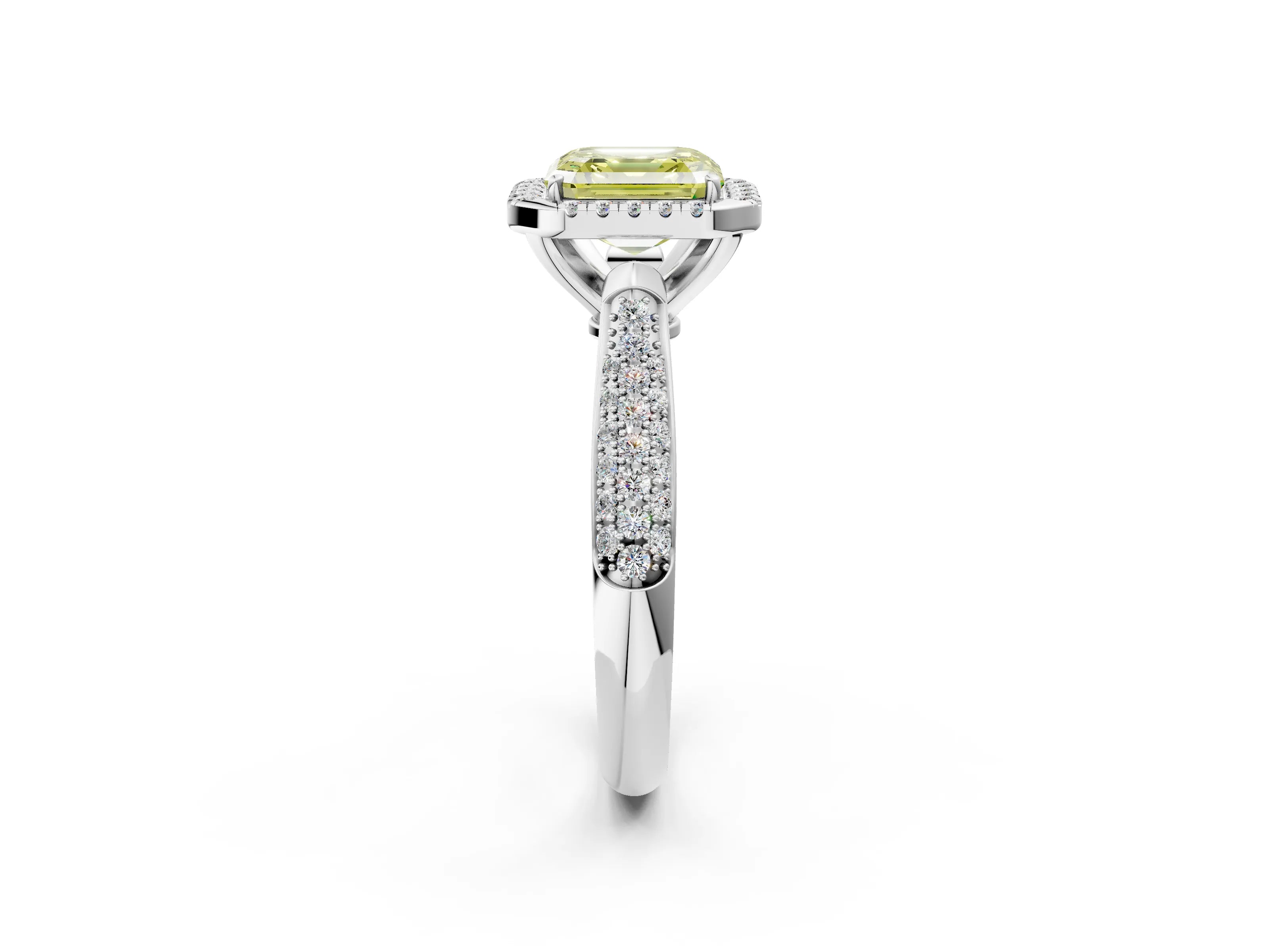 White gold Fancy Yellow Asscher Cut Halo Diamond Ring with Pavé Band_38