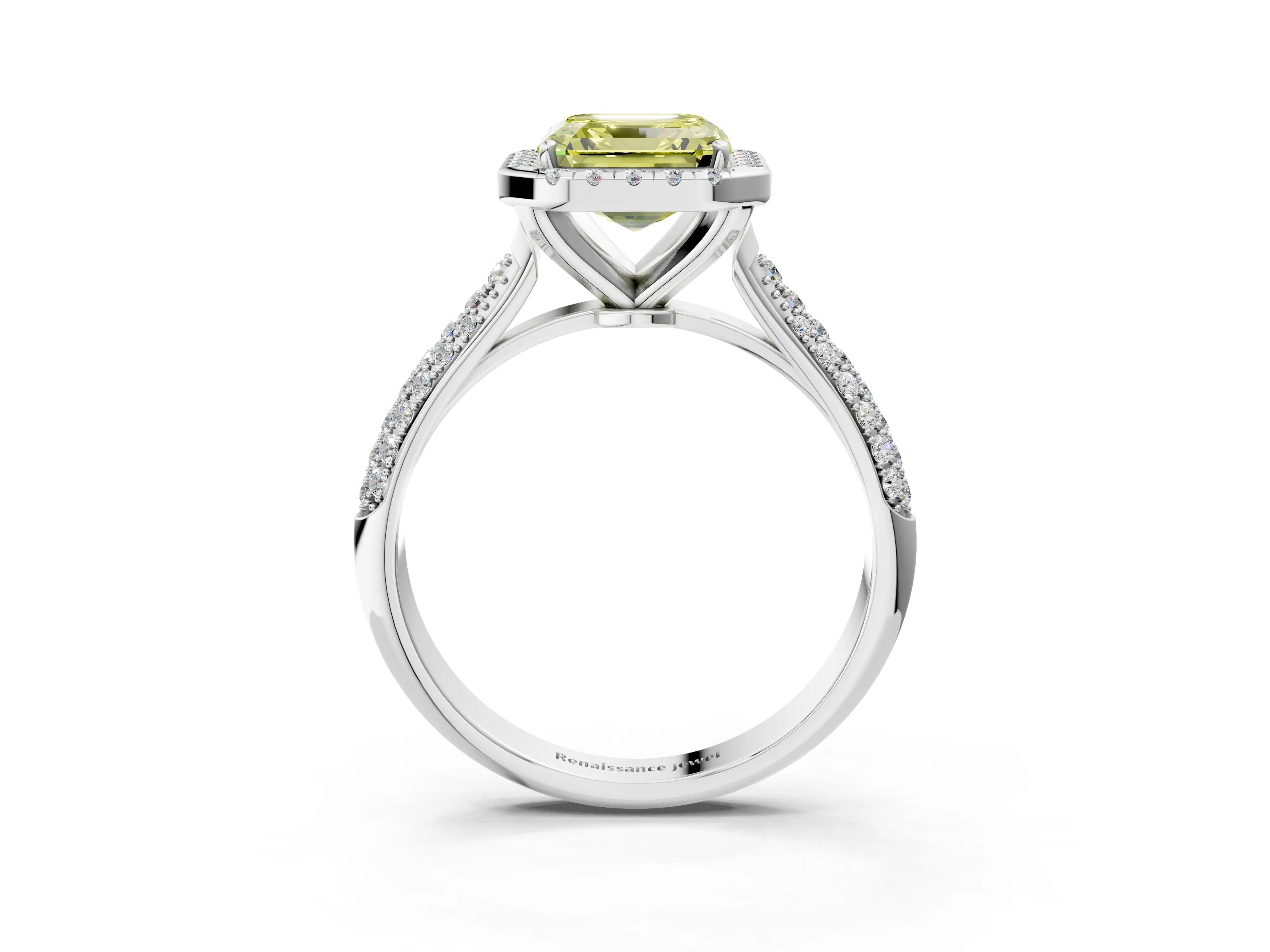 White gold Fancy Yellow Asscher Cut Halo Diamond Ring with Pavé Band_39