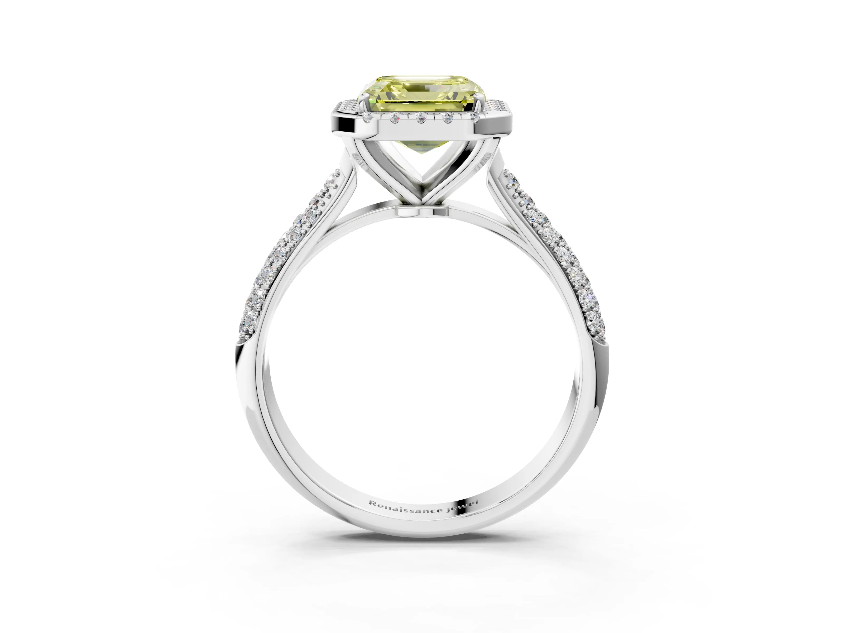White gold Fancy Yellow Asscher Cut Halo Diamond Ring with Pavé Band_3