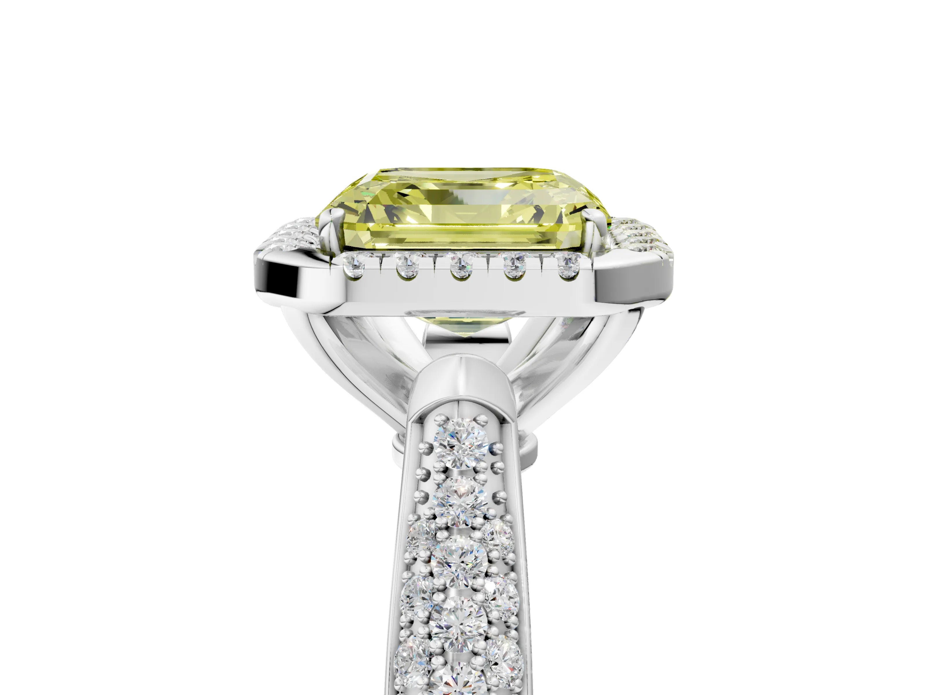 White gold Fancy Yellow Asscher Cut Halo Diamond Ring with Pavé Band_41